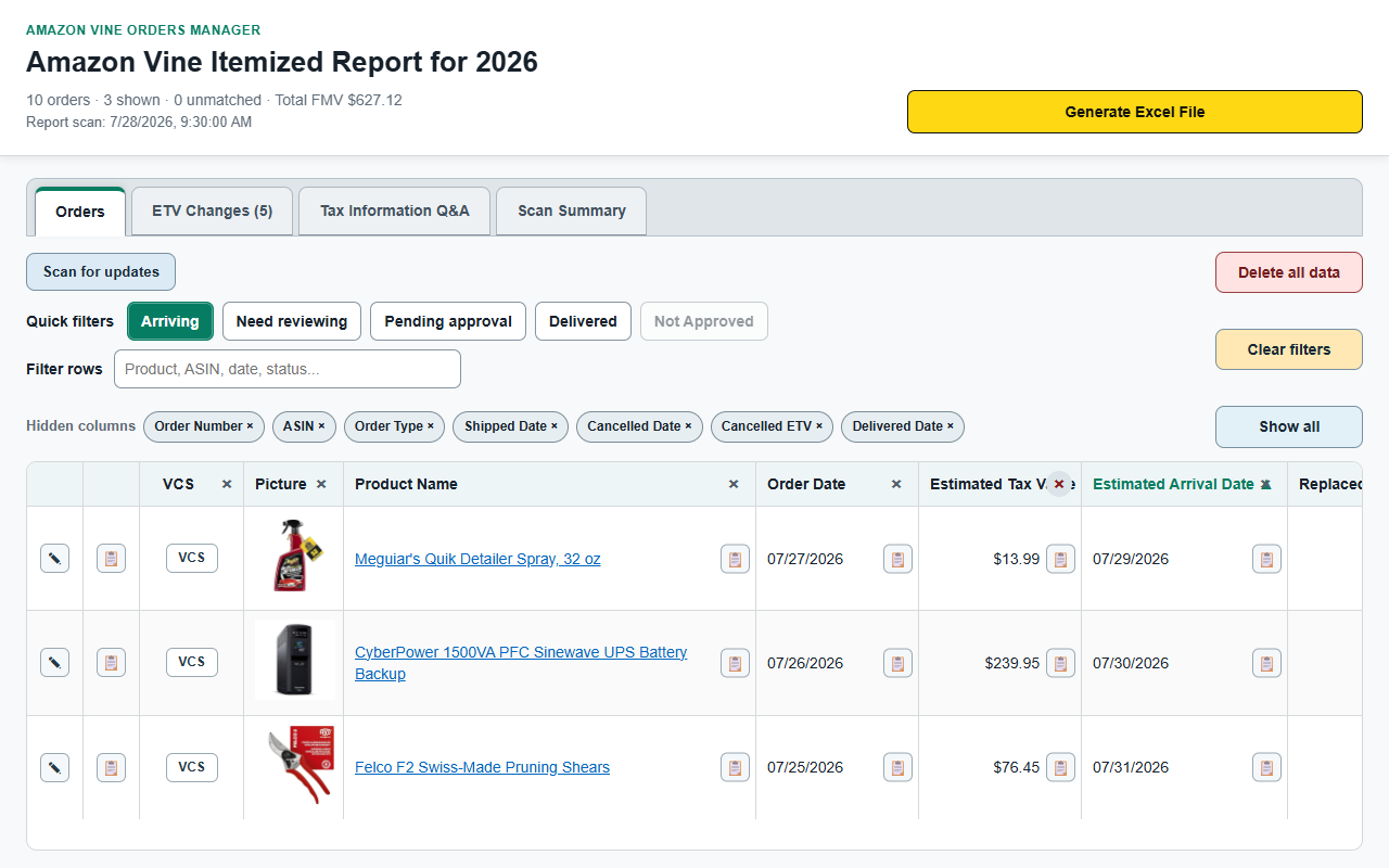 Arriving orders filter view