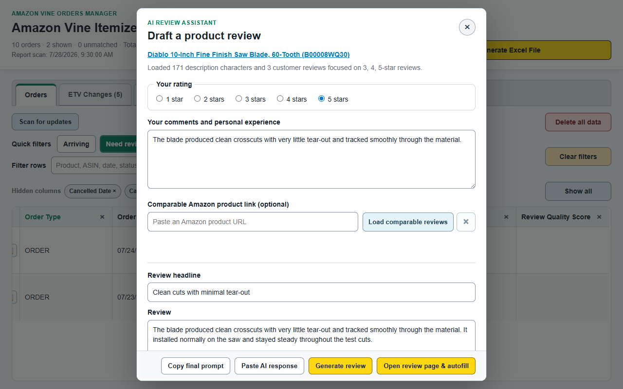 AI review assistant dialog